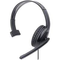 Black Manhattan Mono Over-Ear USB headset with padded mic boom, adjustable headband, ear cushion, and in-line volume control.