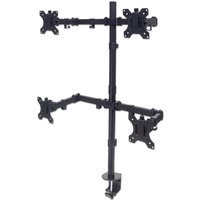 Black Manhattan Quad Desk Mount with adjustable arms for four 10" TVs and monitors, featuring secure clamp base.