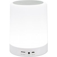 White cylindrical Bluetooth speaker with top grille, microSD slot, Aux port, USB-A charging port, and built-in hanger.