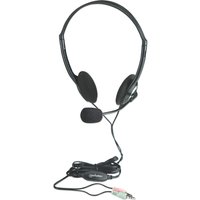 Black Manhattan on-ear headset with microphone boom, foam earpads, in-line volume control, and dual 3.5mm jacks.