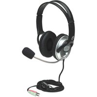 Black Manhattan over-ear headset with padded microphone boom, adjustable steel headband, and dual 3.5mm jacks.