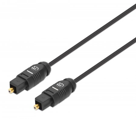 Black 2m Toslink digital optical audio cable with male connectors on both ends, featuring a sturdy design and gold-plated tips for enhanced audio transmission.