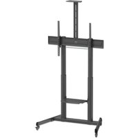 Black Manhattan trolley mount stand with crank handle, adjustable height, wheels, fits 37"-120" screens, VESA compatible.