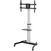 Black and silver Manhattan trolley mount stand for 37"-86" screens, adjustable tilt, 90° rotation, on wheels.