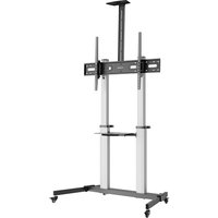 Black and silver Manhattan TV trolley stand with adjustable mount, wheeled base, and shelf for 37-inch screens.