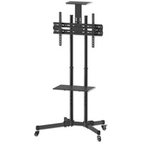 Black Manhattan trolley mount stand with adjustable arms, wheeled base, and shelf for 37" screens.