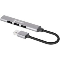 Space grey Manhattan USB-A 4-port hub, slim aluminum design, one USB 3.0 port, three USB 2.0 ports, attached cable.