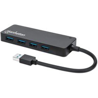 Black Manhattan USB-A 4-port hub with blue-accented ports and attached USB cable, compact rectangular design.
