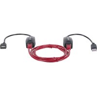Black Manhattan USB-A line extender with red RJ45 network cable, extends up to 60m, compatible with Cat5e/Cat6 cables.