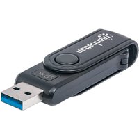 Black Manhattan USB-A mini multi-card reader with swivel cover and blue USB connector.