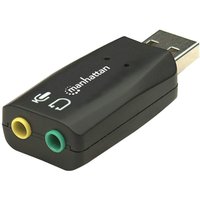 Black Manhattan USB-A sound adapter with 3.5mm mic-in and audio-out ports, compact design, USB 2.0 connector.
