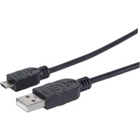 Black Manhattan USB-A to Micro-USB cable, 1.8m, male to male, 480 Mbps, USB 2.0, with textured connectors.