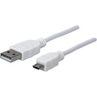 White Manhattan USB-A to Micro-USB cable, 1m, male to male, 480 Mbps, USB 2.0, with textured connectors.