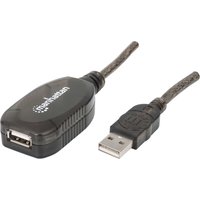 Black Manhattan USB-A to USB-A extension cable, 20m, with male and female connectors, built-in repeater, USB 2.0.