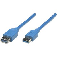 Blue Manhattan USB-A to USB-A extension cable, 2m, male to female connectors, 5" length, durable plastic casing.