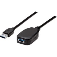 Black Manhattan USB-A to USB-A extension cable, 5m, male to female, with built-in repeater, USB 3.2 Gen1, SuperSpeed.