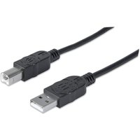 Black Manhattan USB-A to USB-B cable, 1.8m, male to male, with molded connectors and USB 2.0 Hi-Speed support.