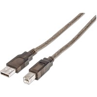 Translucent silver Manhattan USB-A to USB-B cable, 11m, male to male, with built-in repeater, Hi-Speed USB 2.0.
