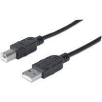 Black Manhattan USB-A to USB-B cable, 5m length, male to male connectors, 480 Mbps, USB 2.0, hi-speed, lifetime warranty.
