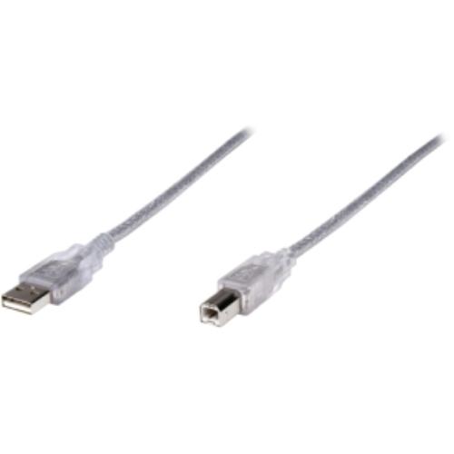 Translucent silver Manhattan USB-A to USB-B cable, 5 meters long, featuring male connectors on both ends and a flexible, braided design for durability.