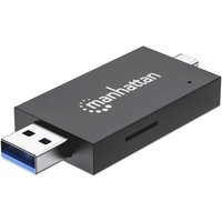 Black and transparent Manhattan USB-A/USB-C card reader with microSD and SD/MMC slots, compact design.