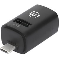 Black Manhattan USB-C 3-Port Hub, ultra-compact with three USB-A ports and a USB-C connector, logo on top.