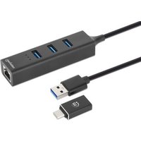Black Manhattan USB-C & USB-A combo dock with three USB-A ports, Ethernet port, and attachable USB-C adapter.