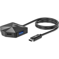 Black Manhattan USB-C & USB-A combo dock with angled shape, 2 USB-A and 2 USB-C ports, attached cable, compact design.