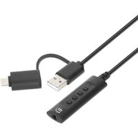 Black Manhattan USB-C & USB-A to 3.5 mm audio adapter with inline control buttons and sleek design.