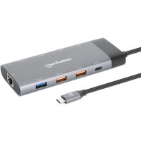 Gray Manhattan USB-C dock with 10 ports, including Ethernet, two 8k HDMI, and USB-A, featuring a sleek design.