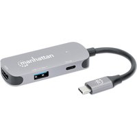 Gray Manhattan USB-C dock with HDMI, USB-A, USB-C ports, and attached USB-C cable.