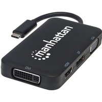 Black Manhattan USB-C dock with DisplayPort, DVI-I, HDMI, VGA ports, 8cm cable, compact design, white logo on top.