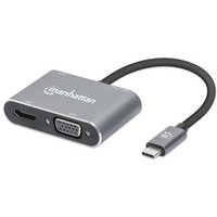 Space Grey Manhattan USB-C hub with HDMI, USB-A, USB-C, VGA ports, and attached USB-C cable, aluminum finish.