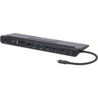 Black Manhattan USB-C dock with card reader, 9 ports including HDMI, VGA, USB-A, USB-C, Ethernet, and audio jack.