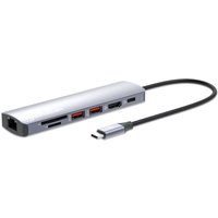 Sleek silver Manhattan USB-C dock with Ethernet, HDMI, USB-A, USB-C ports, card reader, and attached cable.