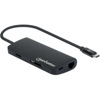 Black Manhattan USB-C dock with card reader, 5 ports, Ethernet, USB-A, USB-C, sleek aluminum design, attached cable.