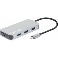 Gray Manhattan USB-C Dock/Hub with card reader, Ethernet, HDMI, and four USB ports, attached cable.