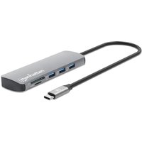 Gray Manhattan USB-C dock with card reader, seven ports including Ethernet and HDMI, attached black cable.