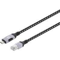 Black and silver Manhattan USB-C to Gigabit Ethernet cable, 2m length, braided design with RJ45 connector.