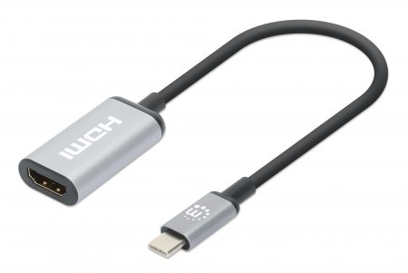 USB-C to HDMI adapter in silver aluminum with a flexible black cable, supporting 4K@60Hz resolution, featuring a clear HDMI logo on the connector.