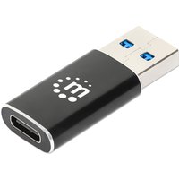 Black Manhattan USB-C to USB-A adapter, female to male, with silver edges and blue USB 3.2 Gen connectors.