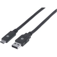 Black Manhattan USB-C to USB-A cable, 2m, male to male, 5 Gbps, fast charging, SuperSpeed USB, durable design.