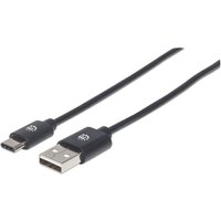 Black Manhattan USB-C to USB-A cable, 2m length, male to male connectors, 480 Mbps, USB 2.0, hi-speed, lifetime warranty.