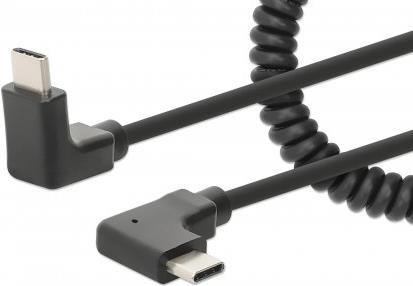 Black coiled USB-C to USB-C cable, 1m long, featuring male connectors on both ends with a right-angle design, supporting data transfer speeds of 480 Mbps.