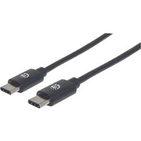 Black Manhattan USB-C to USB-C cable, 2m length, male to male connectors, 480 Mbps, USB 2.0, 3A, with logo on connectors.