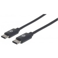 Black Manhattan USB-C to USB-C cable, 50cm, male to male, 480 Mbps, USB 2.0, with branded connectors.
