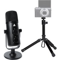 Black Maono USB-C microphone with dual knobs on a round base, paired with a portable mid-size tripod stand.