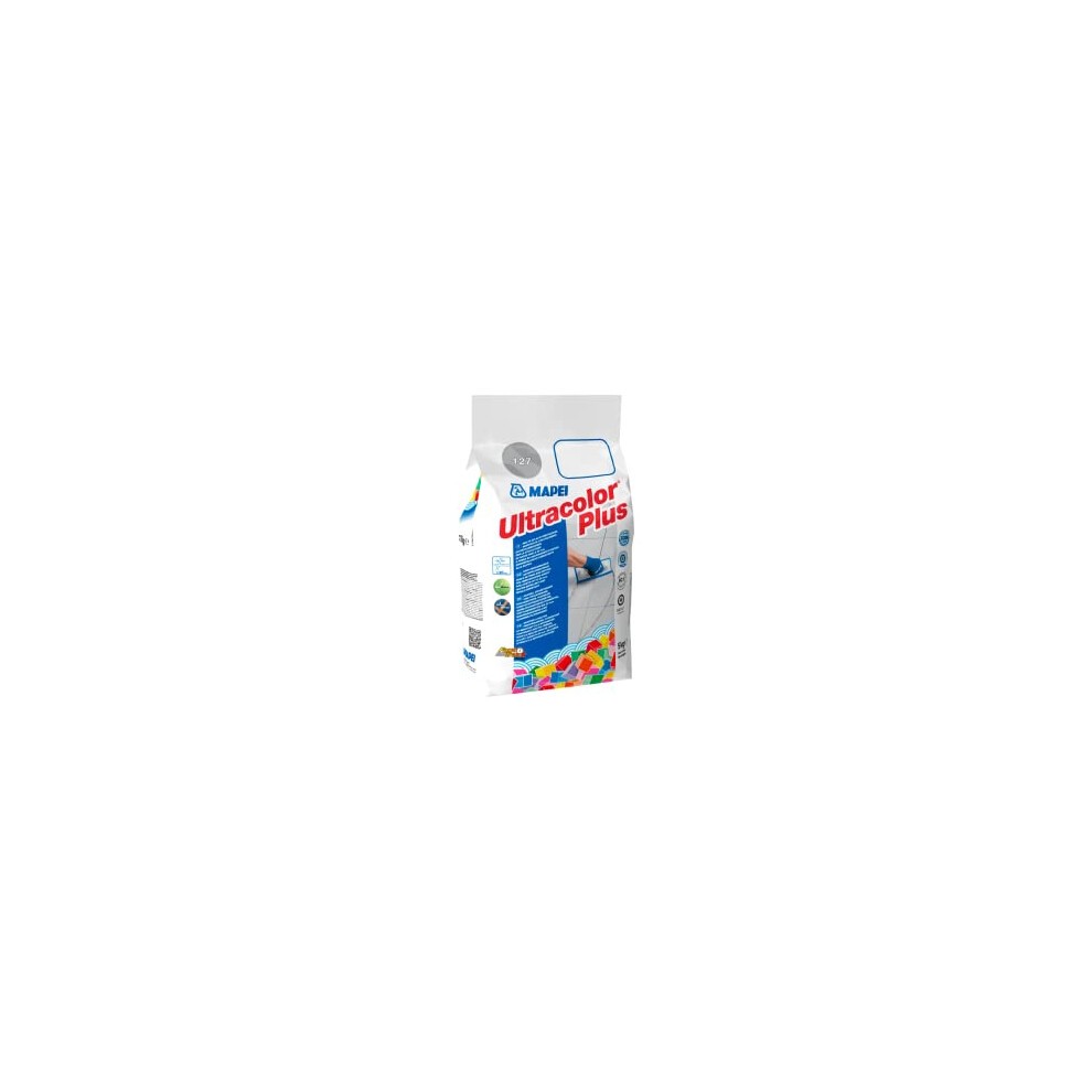 Terracotta-colored Mapei Ultracolor Plus grout in a white bag, featuring colorful accents, detailed product information, and a convenient resealable top.