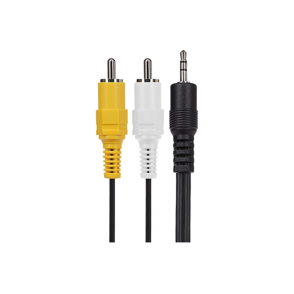 Black cable featuring a 2.5mm 3-pole jack plug on one end and twin 2-pole RCA jack plugs in yellow and white on the other, measuring 1.8 meters in length.