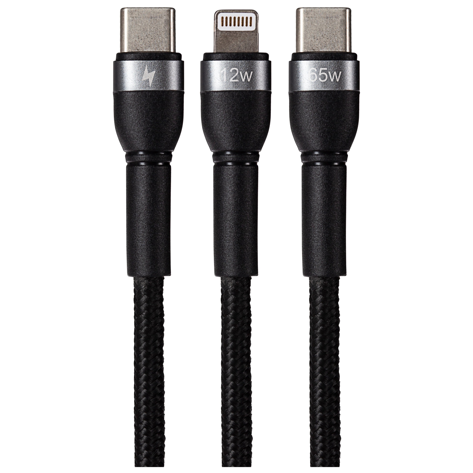 Black braided 2-in-1 USB-C charging cable featuring a USB-C connector, Lightning connector, and labels for 65W and 12W output.